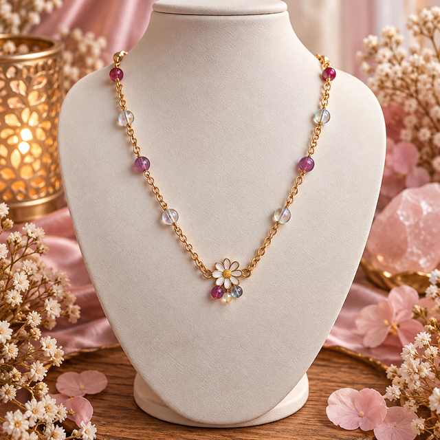 Chaine Fleur &amp; Perles de Verre Multicolores