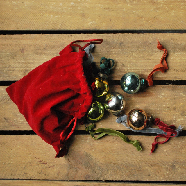 Bag of Nine Glass Coloured Baubles With Velvet Loops