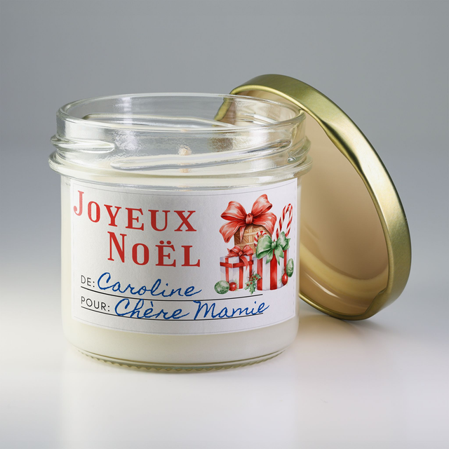 Bougie artisanale parfumée en cire de soja avec étiquette personnalisée - Cadeau pour Noël, Nouvel An, Fêtes de fin d&#039;année, 100g (CJN33)