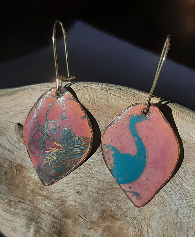 Boucles d'oreilles Petites Feuilles Roses " Paon"