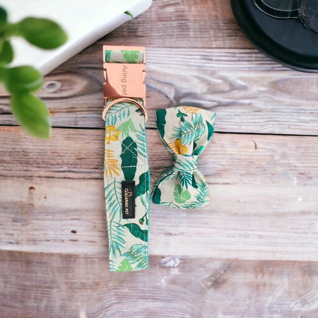 Green Floral Big Dog Collar and Bow