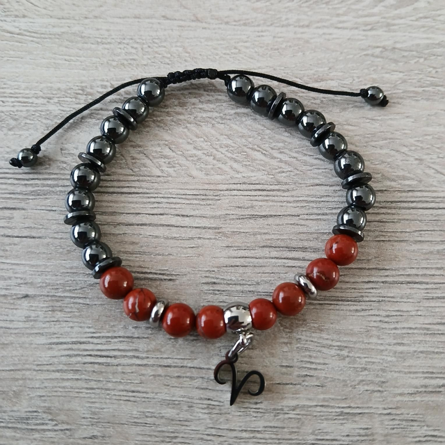 Sterrenbeeld armband Ram – Rode Jaspis & Hematiet – verstelbaar (7.009)
