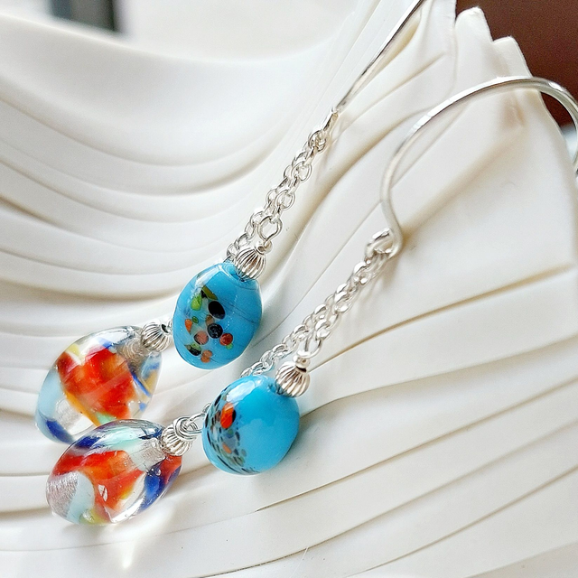 Vintage multicoloured and blue glass bead sterling silver drop earrings