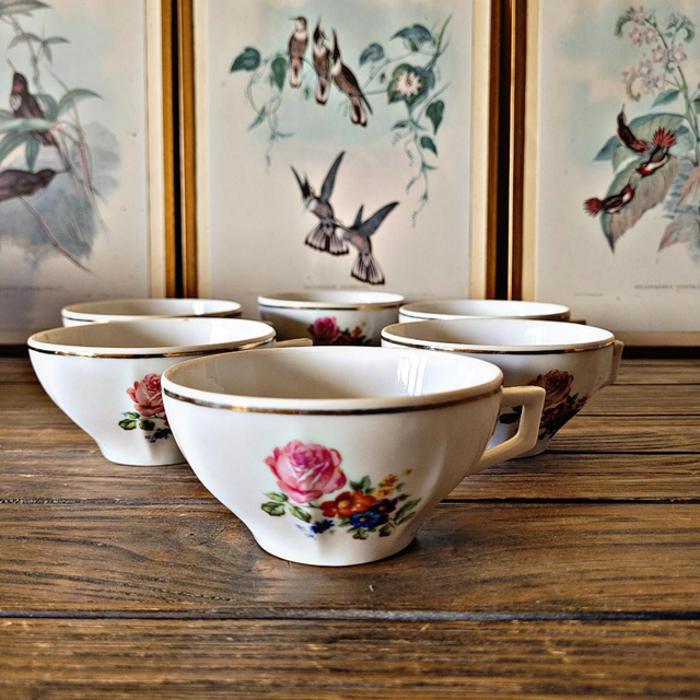 Tasses à café/thè vintage en porcelaine, motif floral (rose et fleurs)