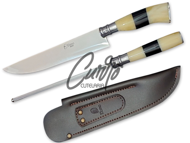 Conjunto BBQ Faca Chaira Elmo Cabo Resina Tipo Osso Chifre 9"