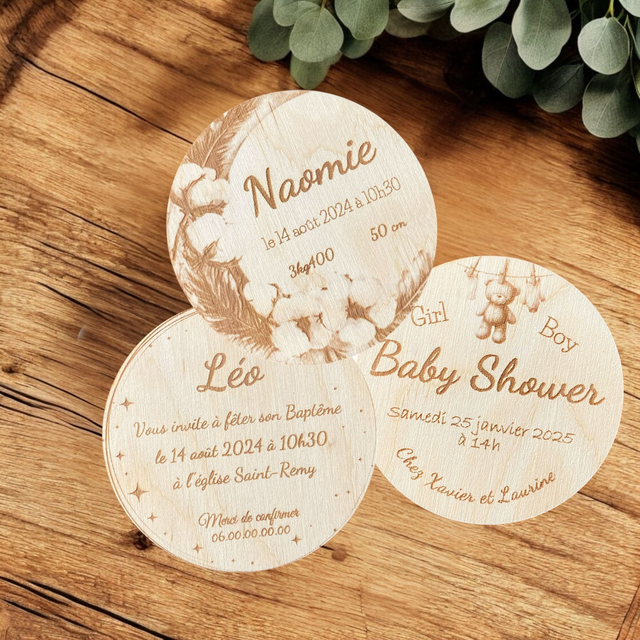 Faire-part en bois pour annoncer une naissance, un baptême