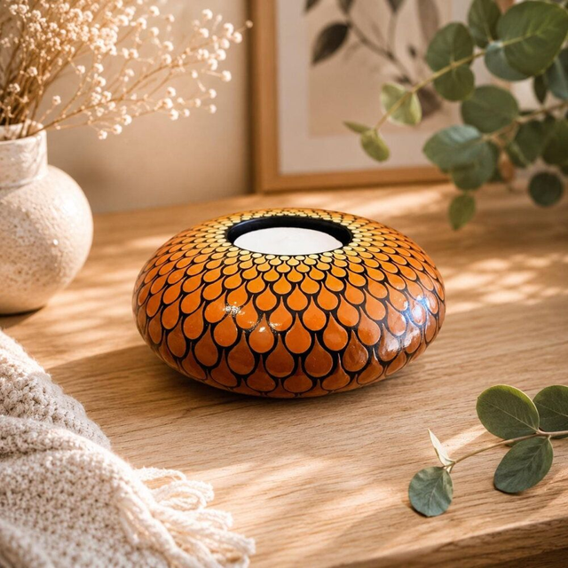 Bougeoir mandala orange &amp; marron en plâtre résine – Peint à la main