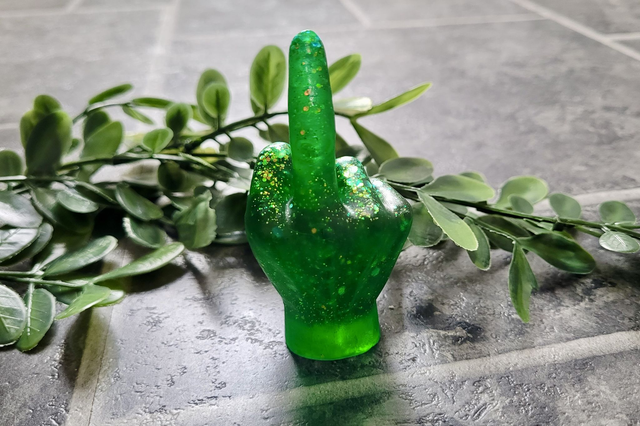 Middle Finger Hand Ornament – Green Glitter 