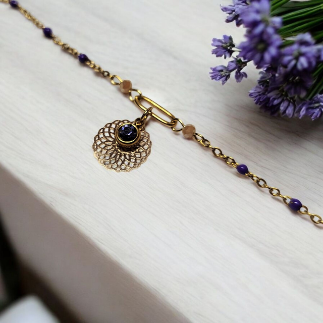Bracelet acier inoxydable et strass lavande et doré