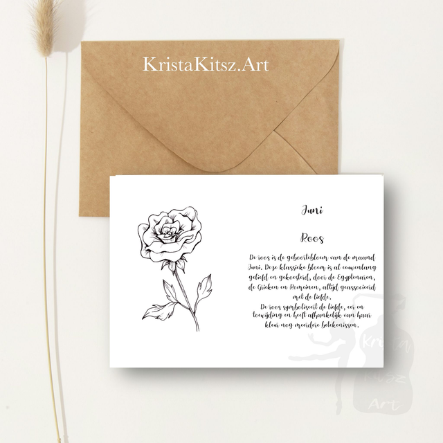 Ansichtkaart Juni Roos met tekst | inclusief envelop of postkaart | zwart wit tekening illustratie