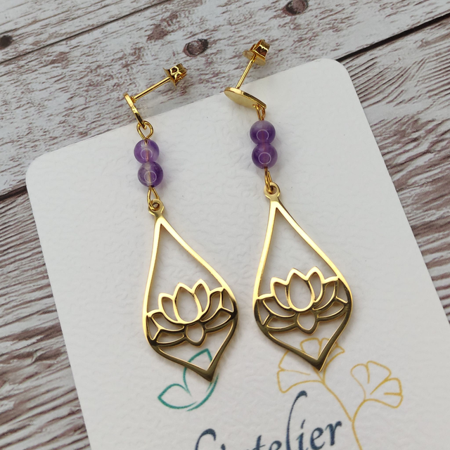 Boucles d&#039;oreilles Fleur de lotus goutte en Améthyste
