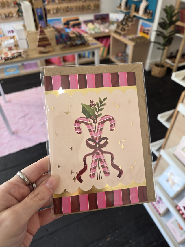 Pink Candy Canes Gold Foil Christmas Greetings Card - EV-049