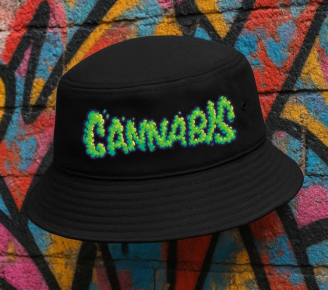 Black Bucket Hat with Cannabis Graffiti Wording Design