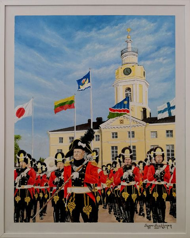 3. Liettuan asevoimien soittokunta Haminan raatihuoneen edessä (100x80 cm)
