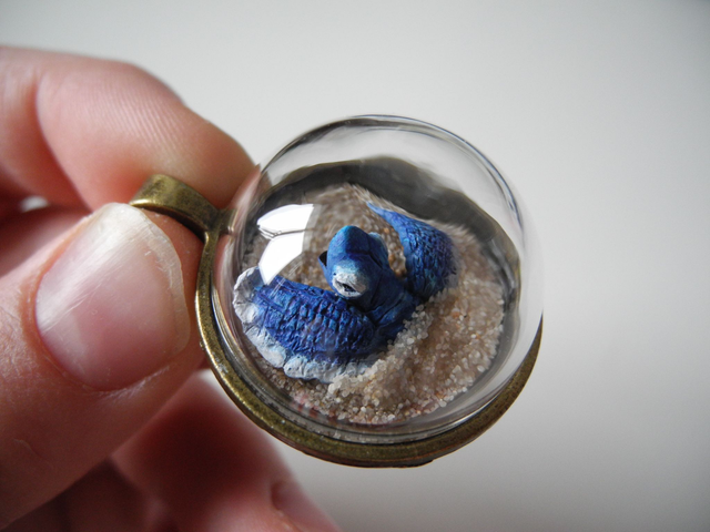 Blue Sea Turtle - OOAK Biosphere Brass Pendant - Clear glass dome with a delicate handmade blue turtle inside – beach jewelry - sea inspired