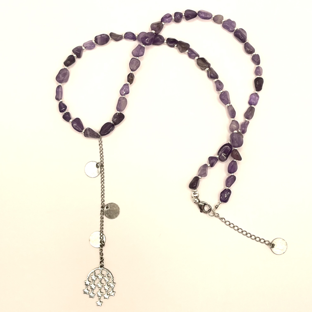 C90 - Collier perles améthyste pendentif étoiles