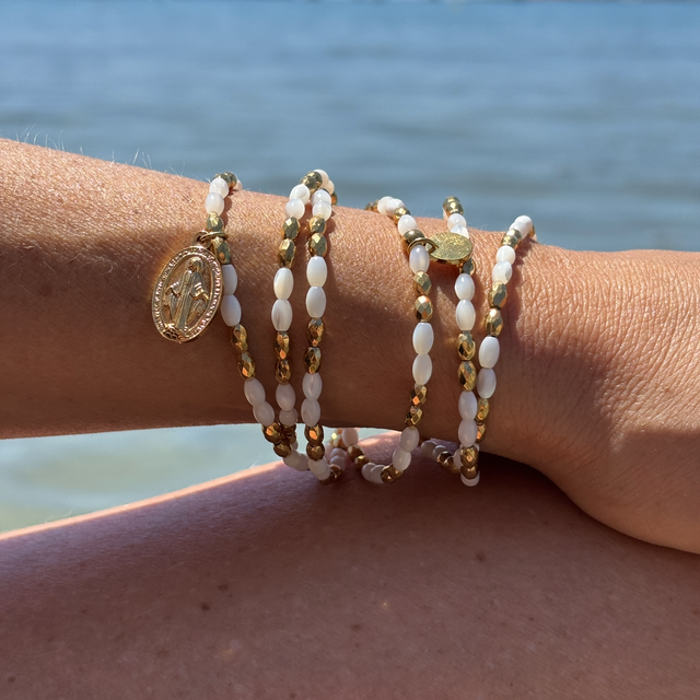 Bracelet 6 tours et Collier Médaille Miraculeuse - Nacre blanche