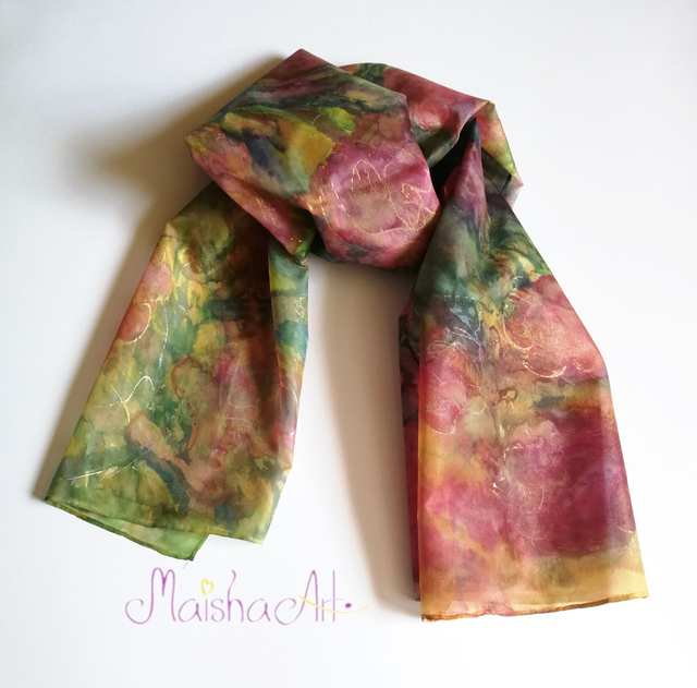 Unikaten, Ročno poslikan Svilen Šal, Čarobne Vrtnice