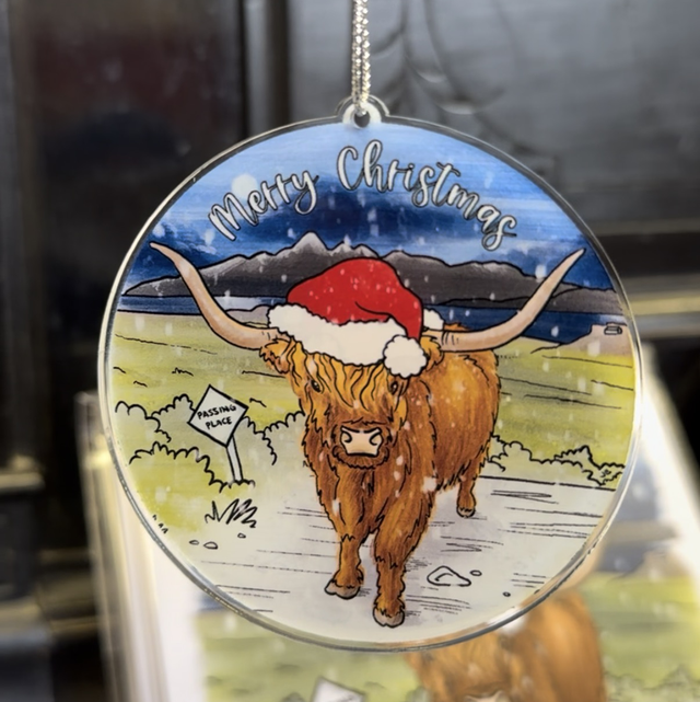 Highland cow acrylic Christmas tree ornament