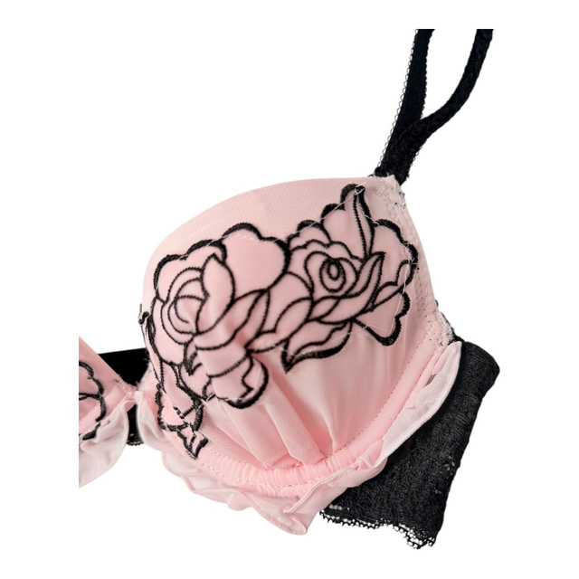 Pink + black floral embroidered Japanese Bra UK 32A, 32C
