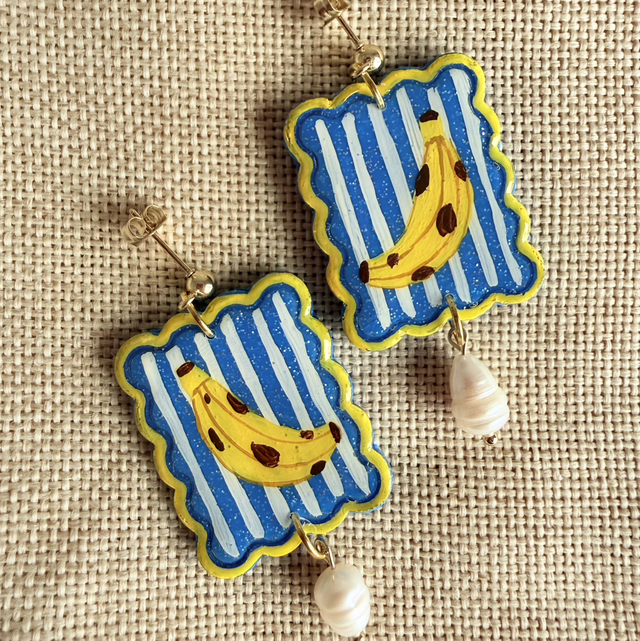 Banana Blue Sparkly Yellow Stripe Earrings - LIMITED EDITION