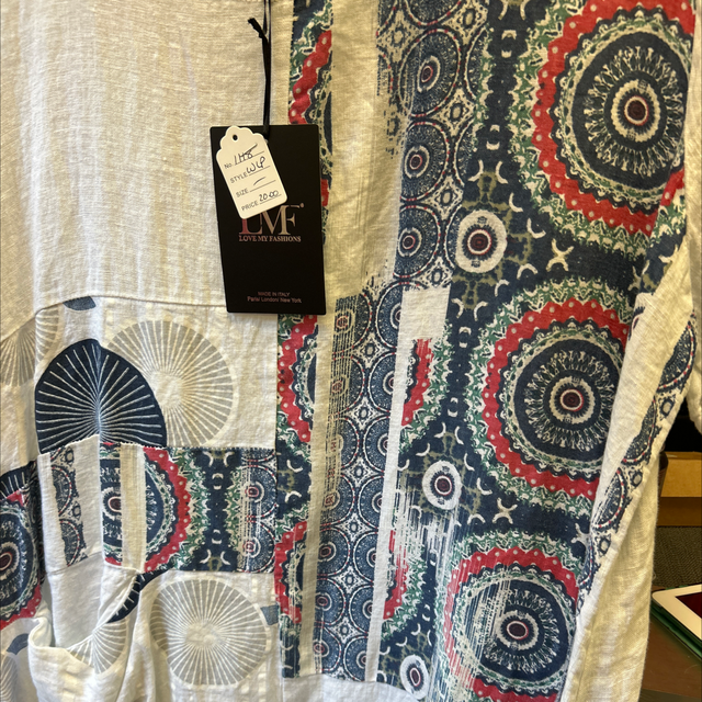 LMF - White Linen Dress with Coloured Pattern - Free Size - 1118