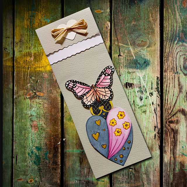 Marque-page aquarelle "Cœur &amp; papillon"- rose et bleu