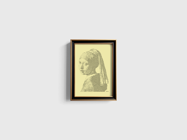 A4 Schreibmaschinen-Gemälde Meisje met de Parel in Schwarz auf Elfenbein