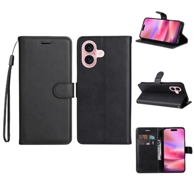 iPhone 16 Lædercover med Kortholder - Sort