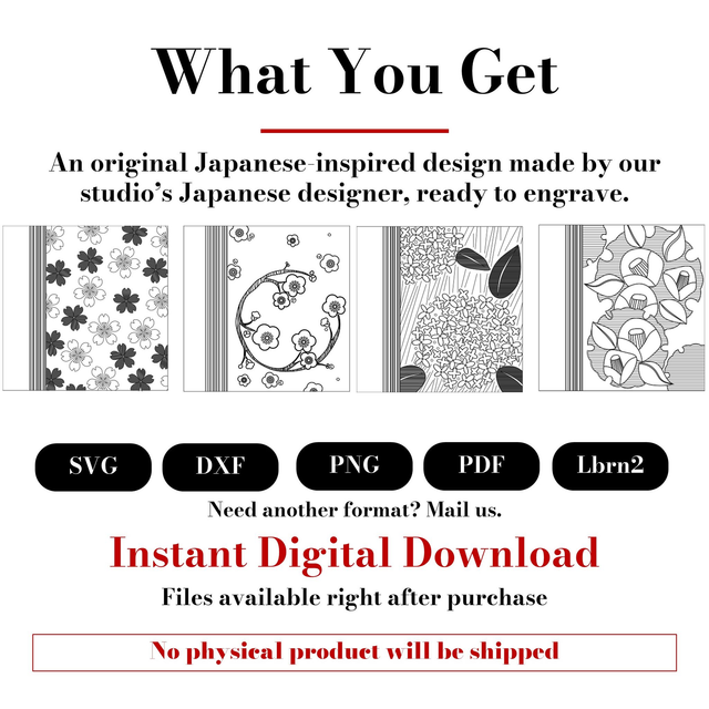 Irodori Japanese Design Bundle – 4 Original Laser Engraving Files Dragonfly Umbrella Pine leaves Camellia