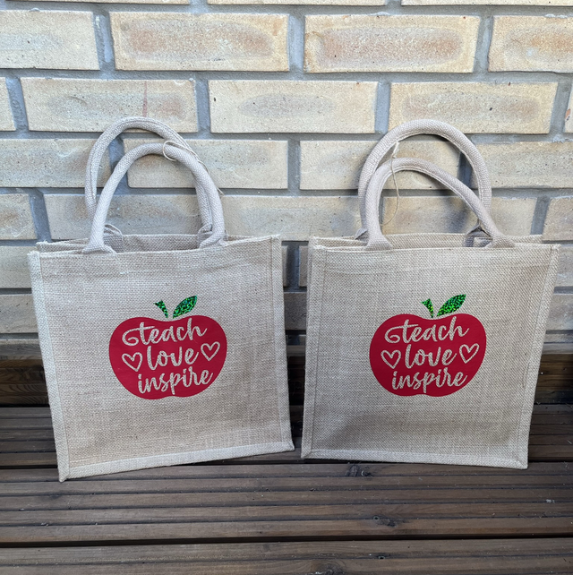 Teach love inspire jute tote bag