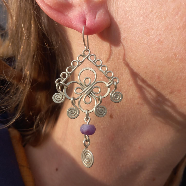 Boucles Maillechort trèfle &amp; améthyste 2