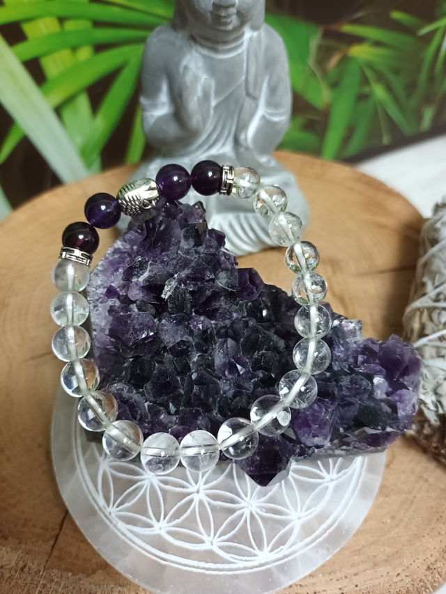 Bracelet en cristal de roche et améthyste
