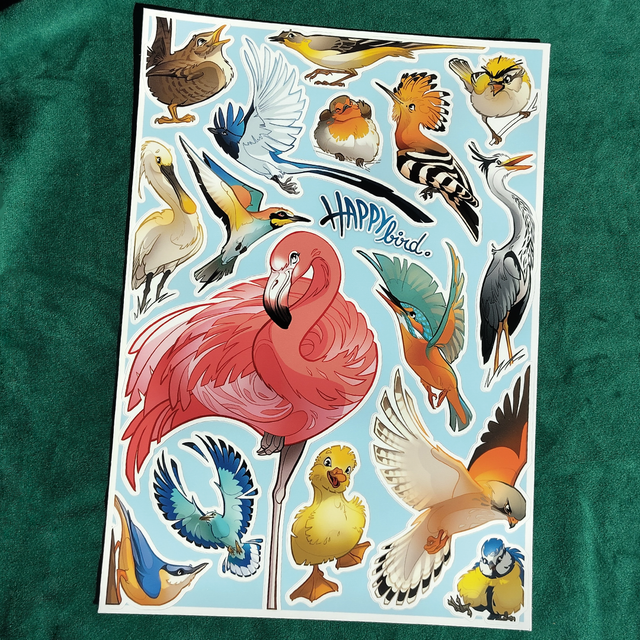 A4 - Planche de 16 Stickers d&#039;Oiseaux 