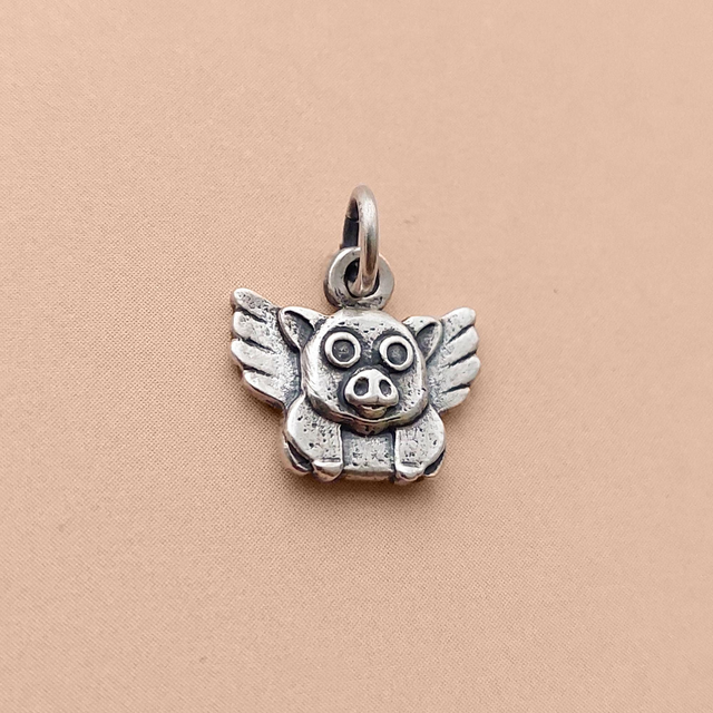 Silver Flying Pig Necklace  - Sterling Silver Pig Charm - 925 Pig Pendant