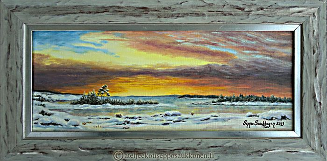 Iltarusko talvisella lahdenpoukamalla 16x40 cm)