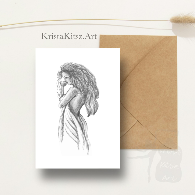 Gevouwen Ansichtkaart Vrouw koffie tekening, inclusief envelop