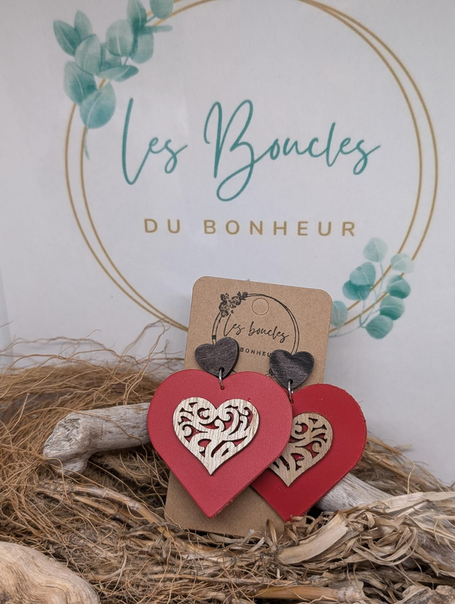 Boucles d&#039;oreilles Double coeur rouge dc211