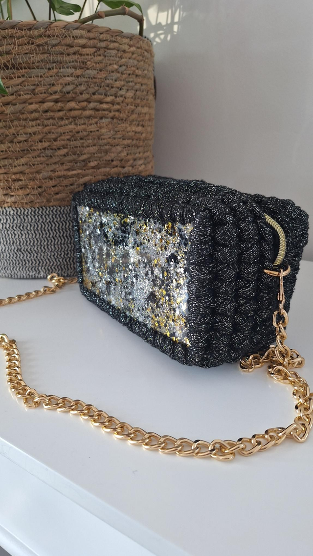 Sac résine rectangle paillettes dorées/argentées/noires