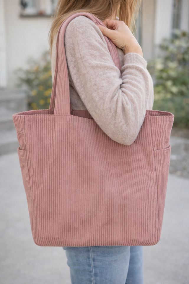 Sac cabas velours côtelé rose poudré