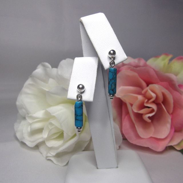 Turquoise gemstone bead drop earrings with silver ear post and butterfly back