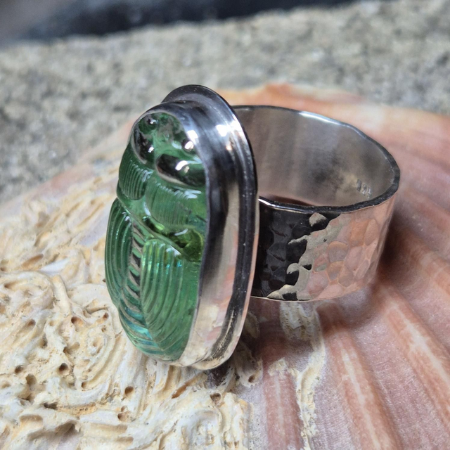 Size W Scarab Glass Button and Sterling Silver Ring