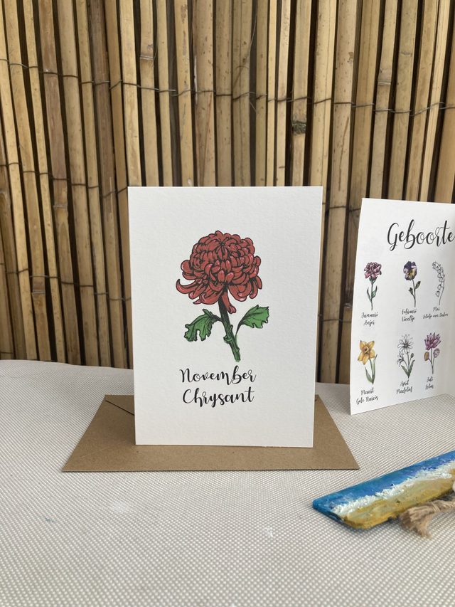 Ansichtkaart Geboortebloem November Chrysant in kleur, inclusief envelop, van originele tekening, met of zonder tekst 