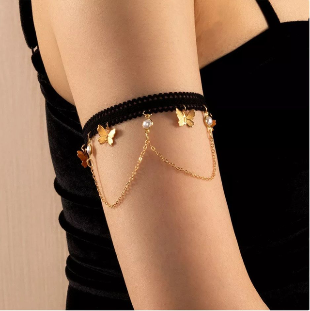 Bracelet de biceps dentelle, noire papillons dorés