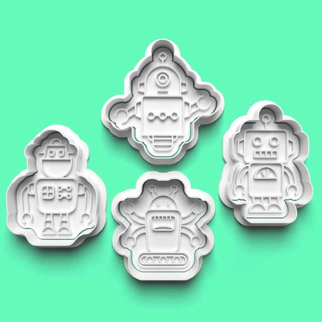 Robots Cookie Cutter Embosser Set of 4 Cutters &amp; Stamps Biscuit Mould Debossed Sugar Biscuits