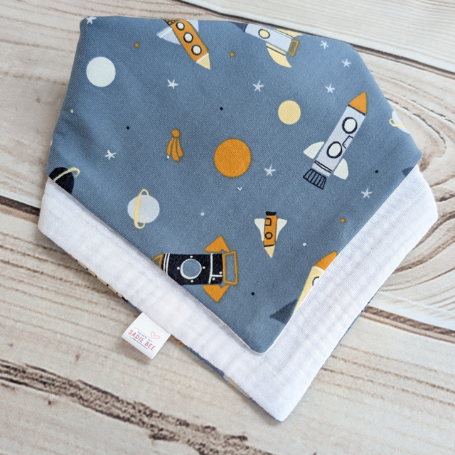 Blue Space Rocket Reversible Drool Bib