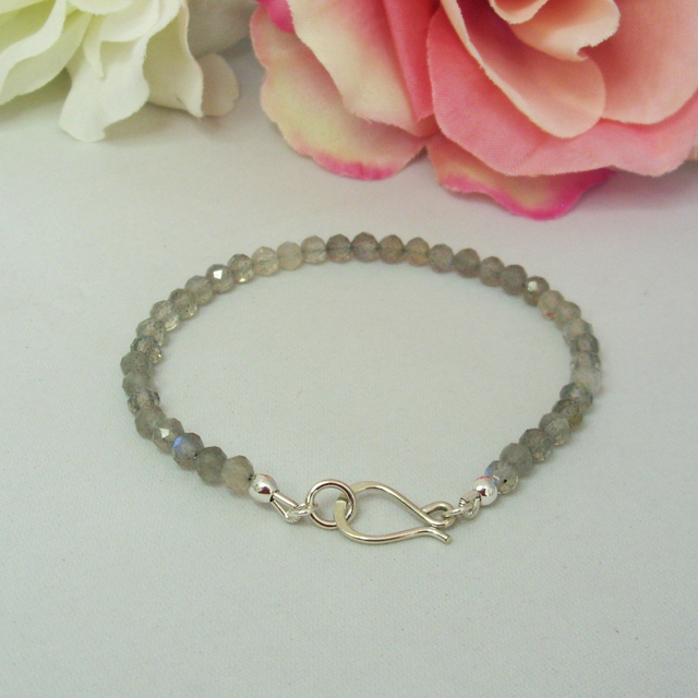 Labradorite gemstone bracelet of small round beads with recycled sterling silver clasp