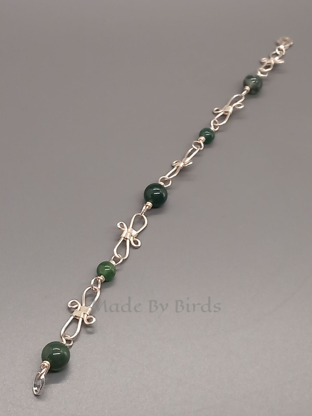 Moss Agate Bead & Sterling Silver Wire Scroll Style Weave Bracelet