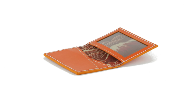 Porte-Cartes en cuir tannage végétal - MADO Orange avec doublure tissu japonais motif Mont Fuji