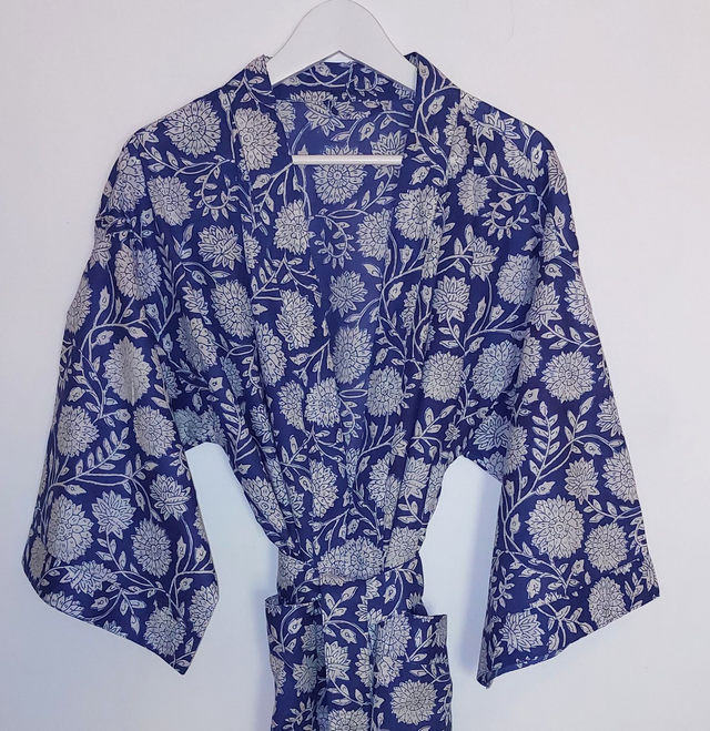 Robe kimono longue en coton, peignoir, robe de chambre, motif floral blanc et bleu, L.120cm